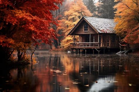 Premium AI Image | cabin by the lake in autumn