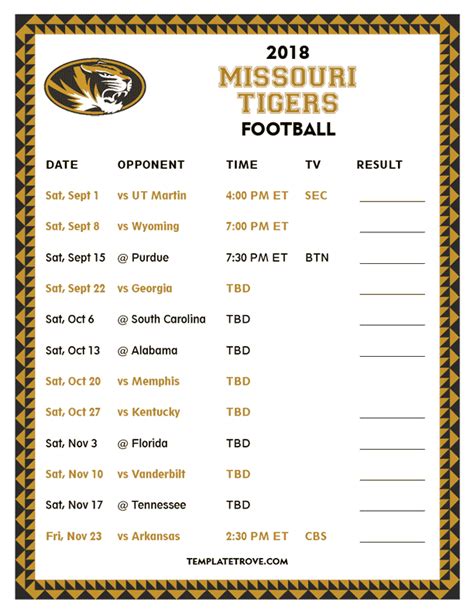 Printable 2018 Missouri Tigers Football Schedule