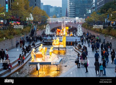 View of Cheonggyecheon stream with Lantern Festival at night Stock ...