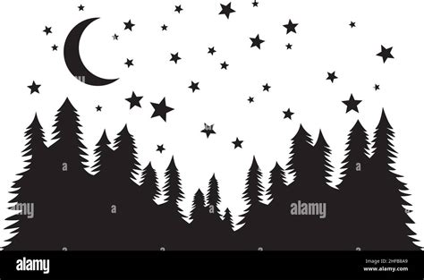 Starry night. Forest, night moon and stars silhouette vector background ...