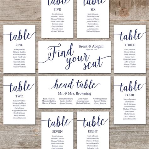 Navy Seating Chart Template // Wedding Seating Chart Cards