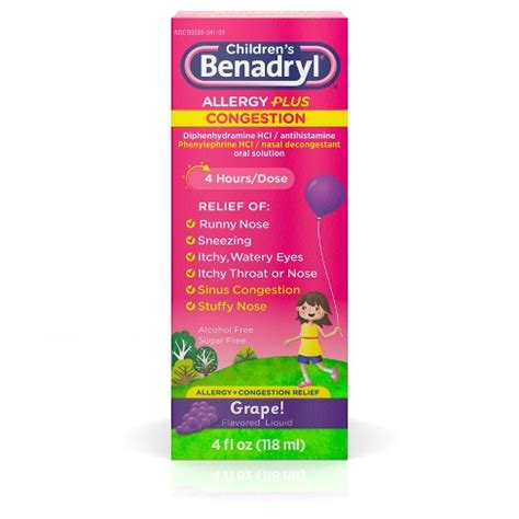 Children's Benadryl Allergy Plus Congestion Grape Liquid - 4oz : Target