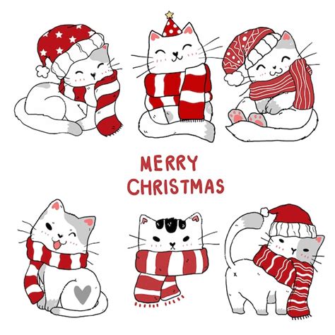 Premium Vector | Set of cute christmas kitten cat hand drawing clip art ...