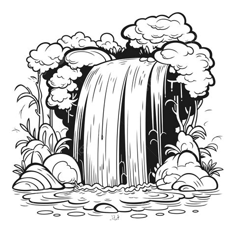 Black And White Cartoon Of A Waterfall In The Jungle Outline Sketch ...