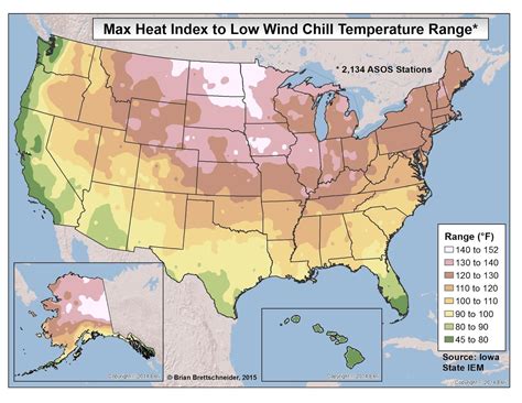 Temperature range from the max heat index in summer to the lowest wind ...