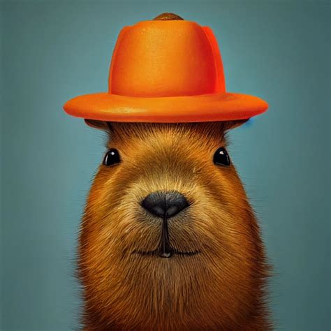 capybara wearing an orange as a hat | Midjourney