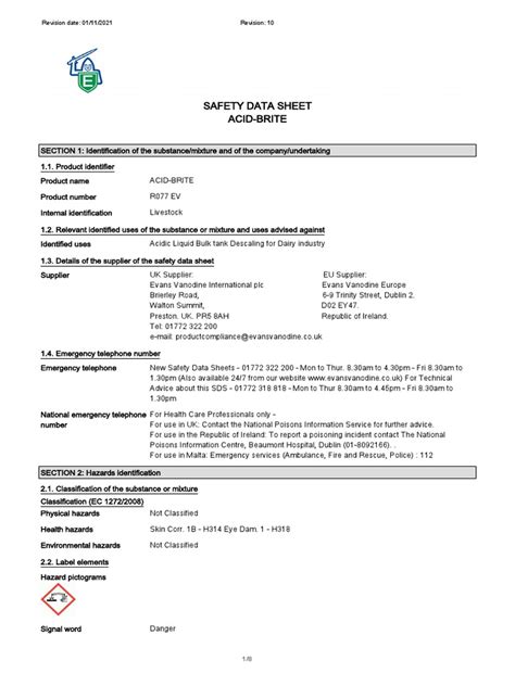 Safety Data Sheet Acid-Brite: Revision Date: 01/11/2021 Revision: 10 ...