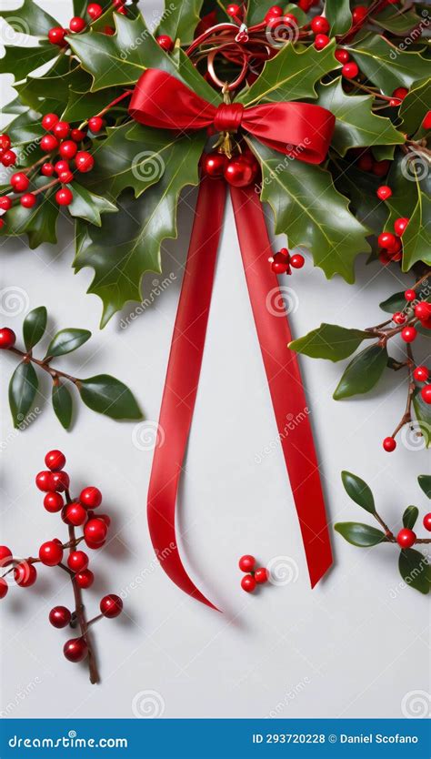 A Red Ribbon and Holly Wreath with Red Berries. Generative AI Stock ...