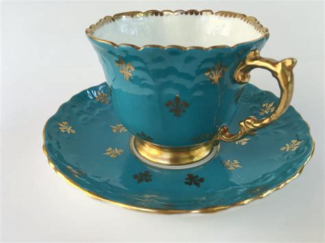 Fleur de Lis Aynsley Tea Cup and Saucer, Aqua Gold Cup, Antique Tea Set ...