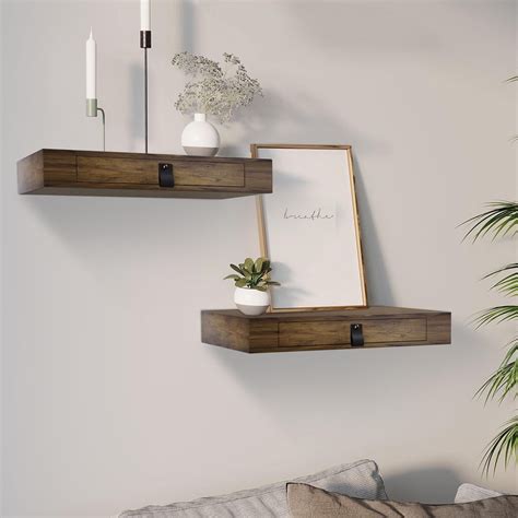 Set of 2 Floating Shelves with Drawer, Bedroom Wall Mount Nightstand ...