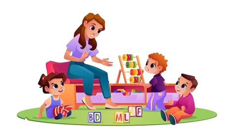 Premium Vector | Children and kindergarten teacher at playground ...