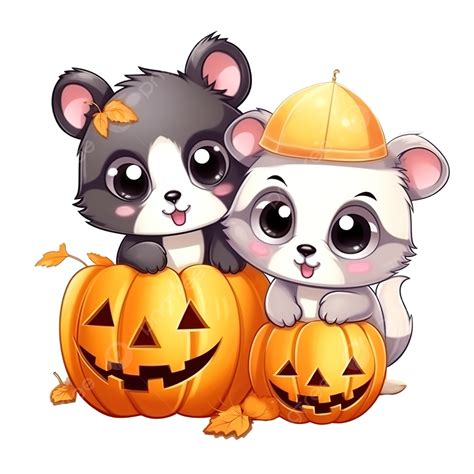 Happy Halloween Cartoon Cute Cat Rat And Panda Holding A Pumpkin, Mouse ...