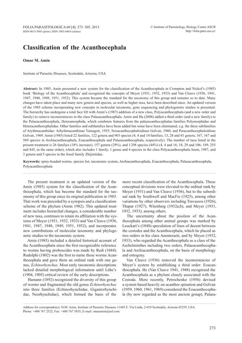 (PDF) Classification of the Acanthocephala