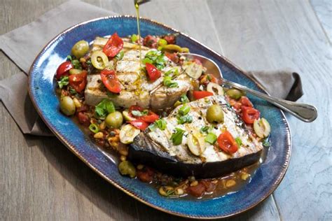 Spicy Mediterranean Swordfish with Tomatoes, Olives and Capers