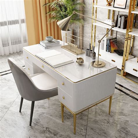 Modern Executive Desk with Drawers in White