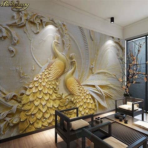 beibehang Custom photo wallpaper murals 3D relief golden peacock ...