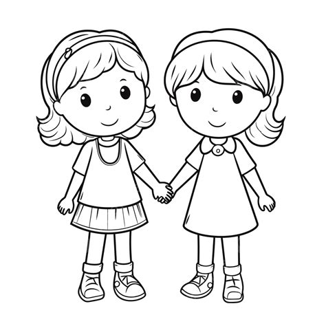 Two Girls Are Holding Hands In Each Other Coloring Pages Outline Sketch ...