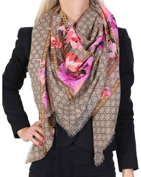 Gucci Brown New Summer Floral Gg Logo Shawl Scarf/Wrap | Pink shawl ...