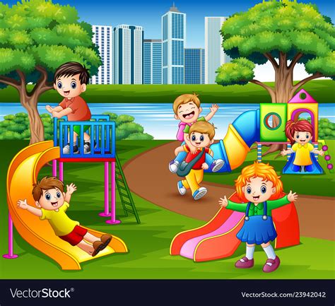 Happy children playing in school playground Vector Image