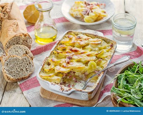 Potato Gratin with Bacon and Cheese Stock Photo - Image of cheese ...