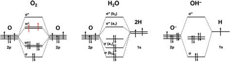 Molecular orbital diagram of O2, H2O, and OH⁻. | Download Scientific ...