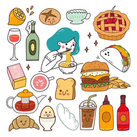 Premium Vector | Various Food Kawaii Doodle Set