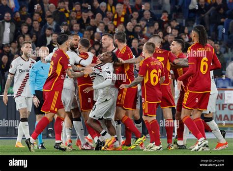 Rome, Italy, May 2, 2024. Roma and Bayer Leverkusen players argue ...