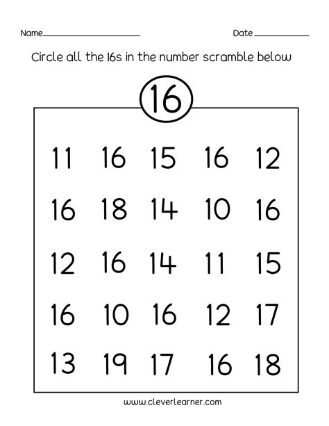 Number 16 writing, counting and identification printable worksheets for ...