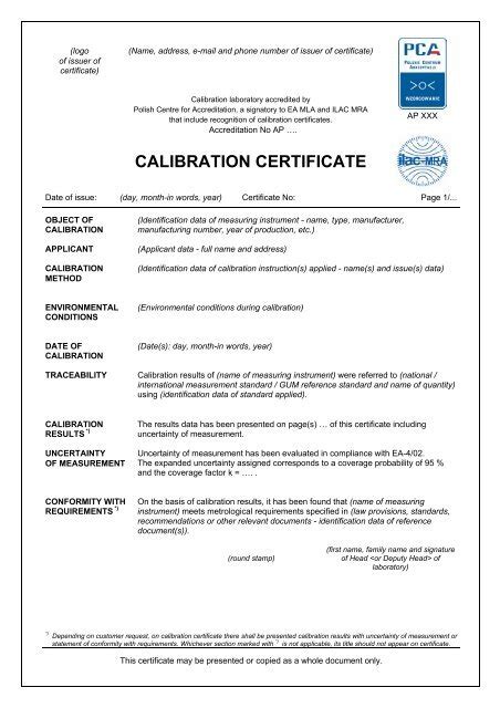 Instrument Calibration Certificate Template ~ Sample Certificate