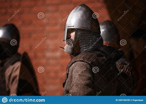 Warrior in Helmet in Medieval Dress. Warrior of Medieval Europe ...