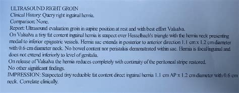 Ultrasound report for inguinal hernia , can some translate ? : r/Hernia