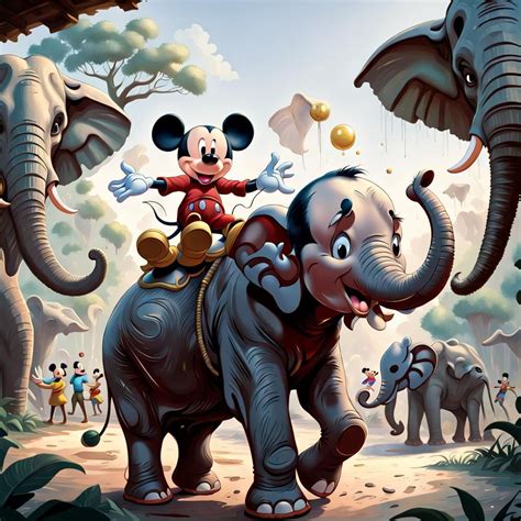 Mickey Mouse riding on a elephant in Disney 8k resolution concept art ...