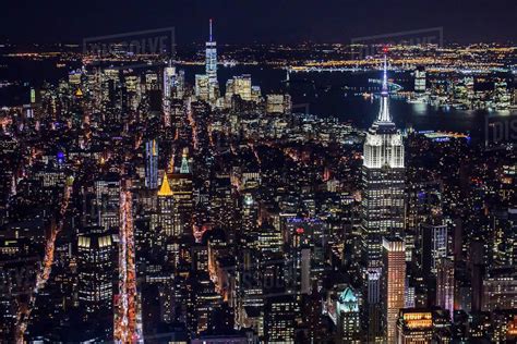 USA, New York, New York City, Manhattan, Aerial view of illuminated ...