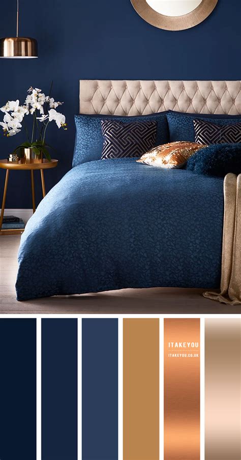 Navy Blue Bedroom with Copper, Gold and Tan accent Colours