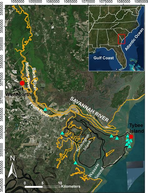 Map of the Savannah River delta and Wassaw Sound, Georgia (UTM zone ...