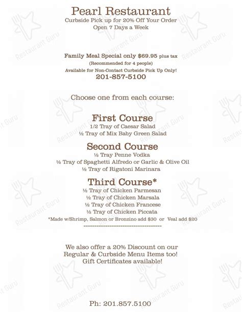 Menu at Pearl Restaurant, Ridgewood