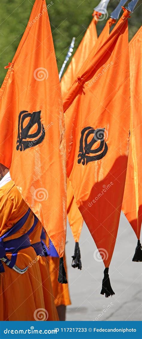 Orange Flag with Symbol of Sikh Called Khanda during a Ceremony ...