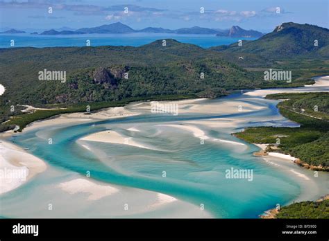 Aerial view of Whitehaven Beach, Whitsunday Island, right Hook Island ...