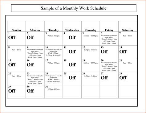 Monthly Work Schedule Template | task list templates