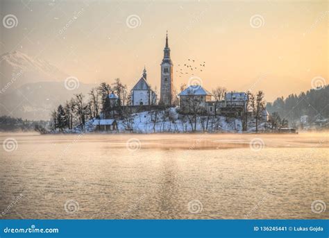 Amazing Sunset at the Lake Bled in Winter, Slovenia. Stock Image ...