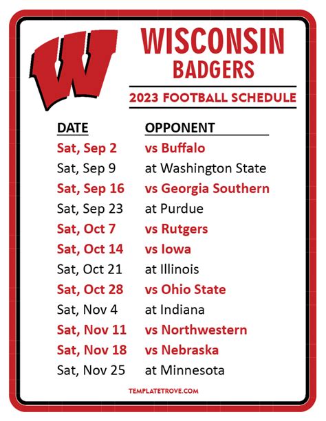 Printable 2023 Wisconsin Badgers Football Schedule