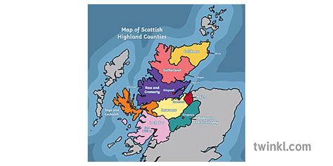 Scottish Highlands Map with Counties and Major Towns Named Illustration