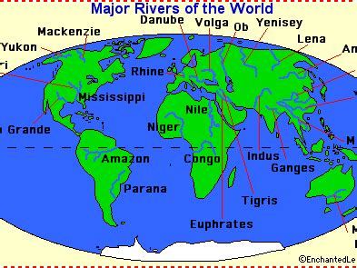 the major rivers of the world are labeled in green and blue, with names ...