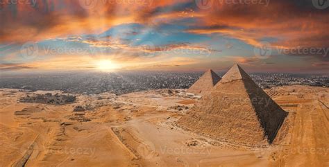 Magical sunset over the Egyptian pyramids. Aerial view of the Pyramids ...