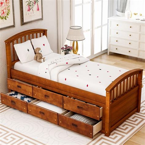 Harper & Bright Designs Walnut Twin Size Platform Storage Solid Wood ...