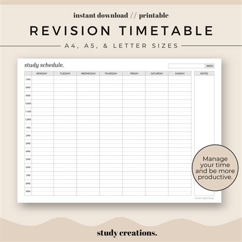 Revision Timetable Printable Set Study Schedule Weekly Timetable Hourly ...