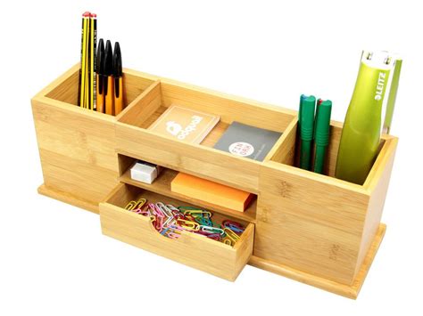 Desk Tidy with Drawer, Wide Stationery Organiser Natural Bamboo Wood ...