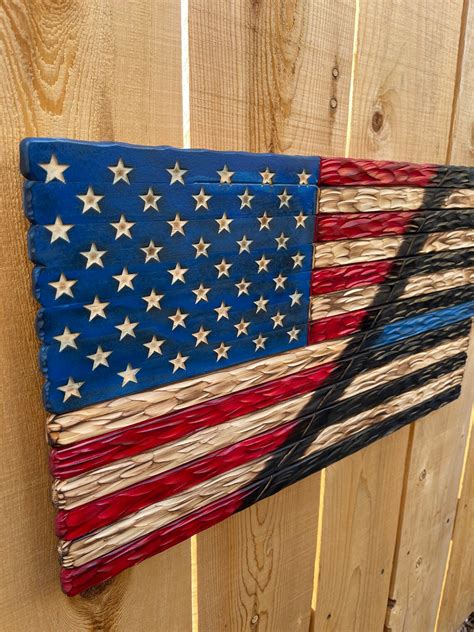 Thin Blue Line Wood Flag American Flag Rustic Chiseled - Etsy