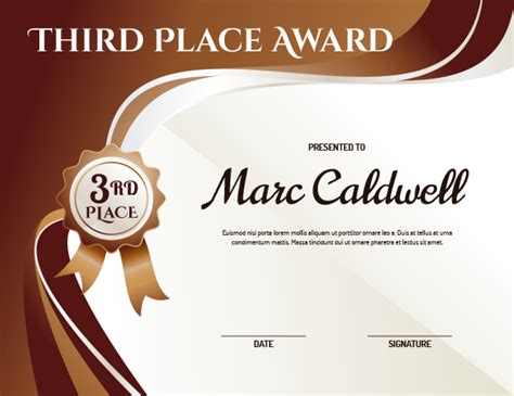 Printable Third Place Ribbon Award Certificate Template