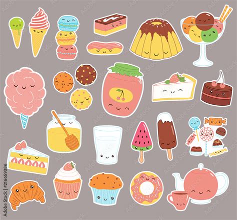 Set of kawaii funny sweet food doodle stickers with cake, cookies, ice ...